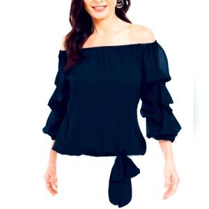 MSK Blue Ruffled 3/4 Sleeve Tie Front Blouse large